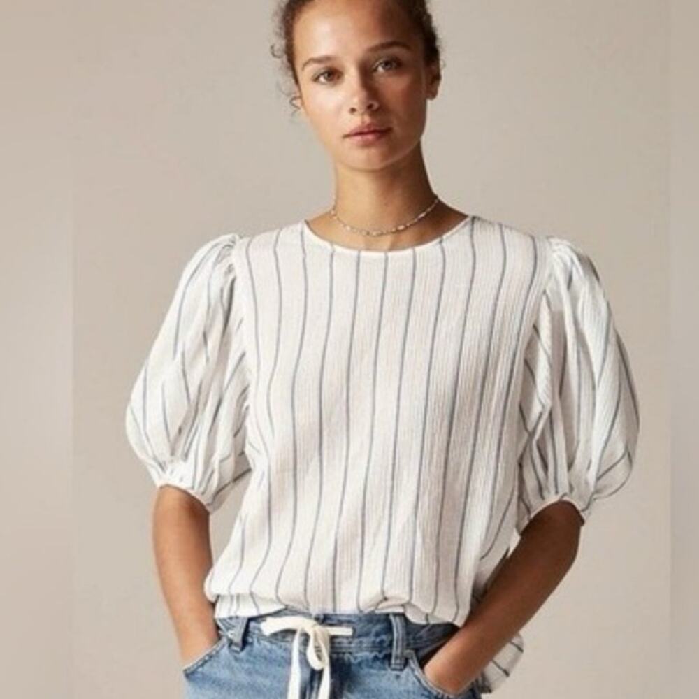 J.CREW Puff Sleeve Top Sheer Gauze Nautical Stripe Small NWT Coastal Prep Vacay